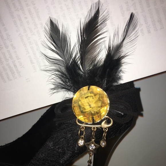 Black Lace Feather Stilettos with Bow and Charms - Picture 3 of 7